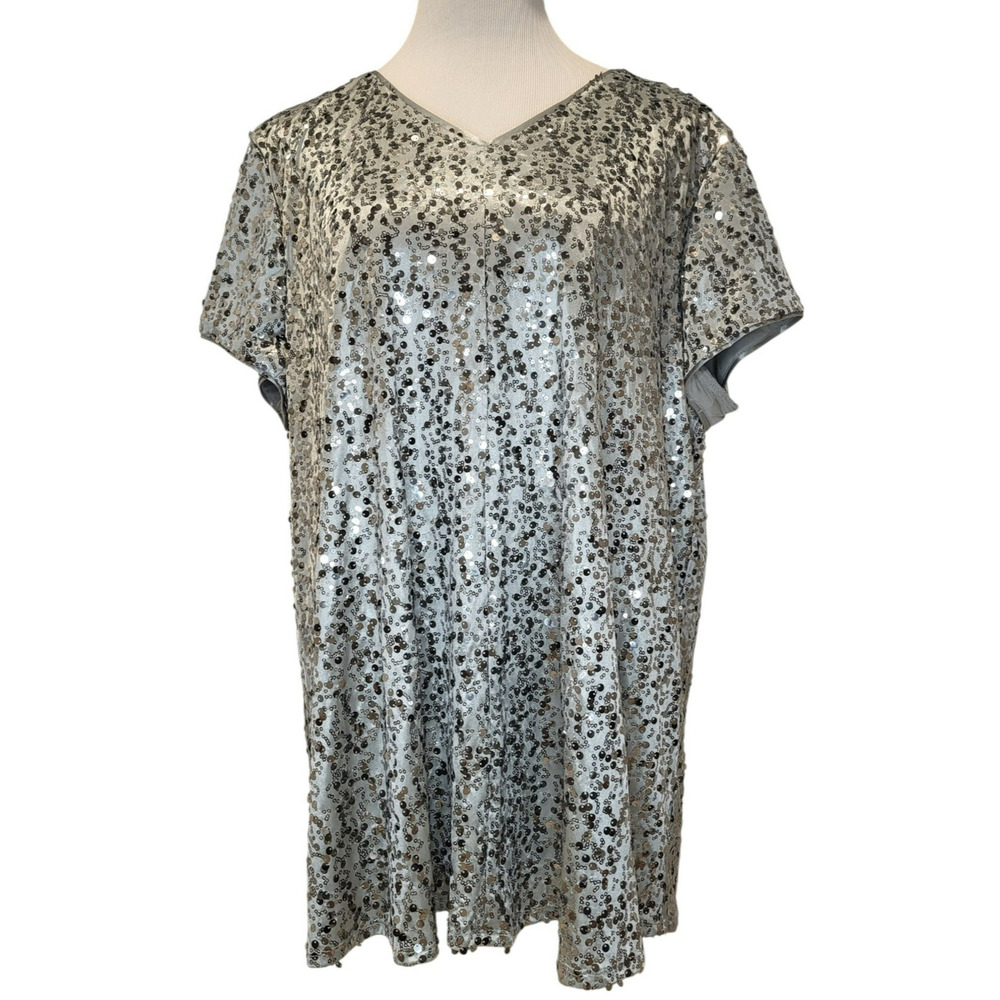 Vintage Roaman's Silver Sequin Sparkle Disco Glitter Glam Blouse Top Shirt 22W